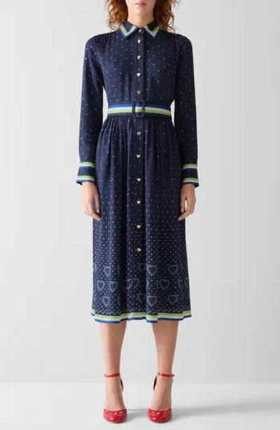 Lk Bennett Kate Heart Print Long Sleeve Belted Midi Shirtdress In Blue