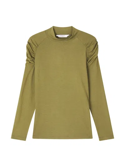 Lk Bennett Lacey Olive Gathered Shoulder Turtle Neck Jersey Top In Green