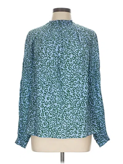 Pre-owned Lk Bennett Long Sleeve Silk Top Teal Animal Print Pattern High Neck Tops