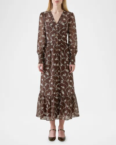 Lk Bennett Lucian Tiered Floral-print Midi Dress In Mul-brown