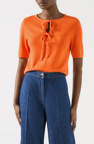 Lk Bennett Nerys Tie Front Cotton & Merino Wool Blend T-shirt In Orange