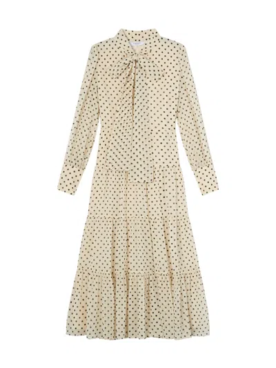 Lk Bennett Polly Birch & Black Tie Neck Ls Georgette Dress In White