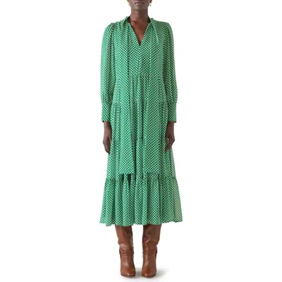 Lk Bennett Polly Polka Dot Tie Neck Long Sleeve Midi Dress In Green