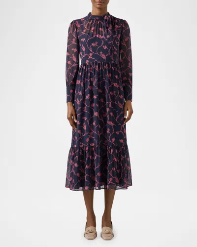 Lk Bennett Selina Floral-print Flounce Midi Dress In Navy