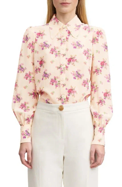 Lk Bennett Sonya Bouquet Print Silk Button-up Shirt In Cream