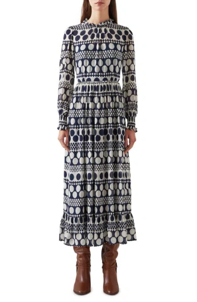 Lk Bennett Susie Polka Dot Long Sleeve Midi Dress In Blue