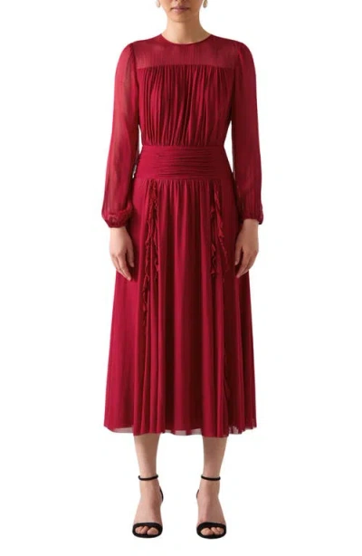 Lk Bennett Uma Crinkle Ruffle Long Sleeve Mesh Dress In Red