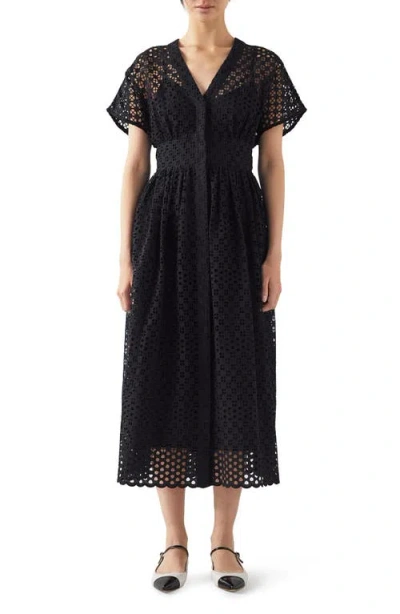 Lk Bennett Vivienne Broderie Anglaise Midi Dress In Black