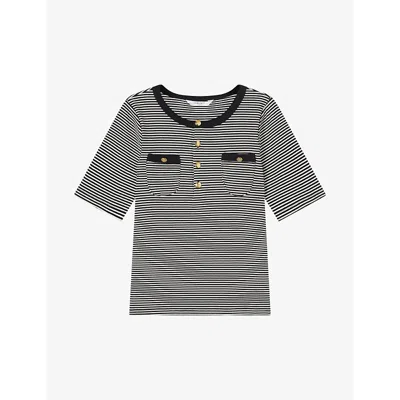 Lk Bennett Charlie Button-neck Stripe Stretch-cotton T-shirt In Blk-black/cream