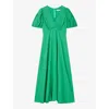 LK BENNETT LK BENNETT WOMEN'S GRE-GREEN HERMIA V-NECK PUFF-SLEEVE WOVEN MIDI DRESS