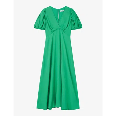 Lk Bennett Hermia V-neck Puff-sleeve Woven Midi Dress In Gre-green