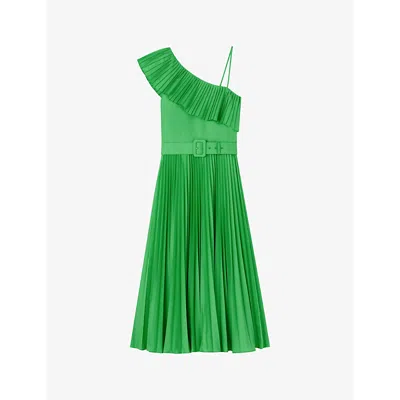 LK BENNETT LK BENNETT WOMEN'S GRE-GREEN JOSEPHINE ONE-SHOULDER PLEATED WOVEN MIDI DRESS