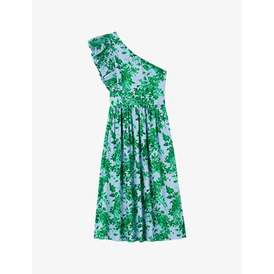 Lk Bennett Womens Mul-blue Maud Garden-print One-shoulder Cotton Midi Dress