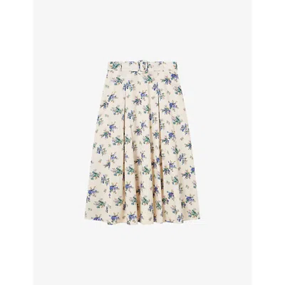 Lk Bennett Elodie Floral-print Belted-waist Cotton Midi Skirt In Mul-cream