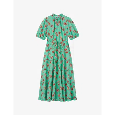 LK BENNETT LK BENNETT WOMENS MUL-GREEN HEDY FLORAL-PRINT PUFF-SLEEVE COTTON MIDI DRESS