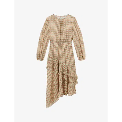 LK BENNETT WOMENS MUL-MULTI BEA BLOCK-PRINT ASYMMETRIC-HEM SILK MIDI DRESS