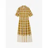 LK BENNETT LK BENNETT WOMENS MUL-MULTI DORA BELTED-WAIST CHECKED ORGANIC-COTTON MIDI DRESS