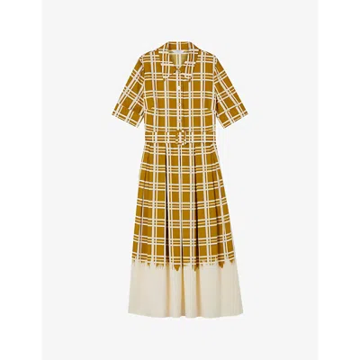 LK BENNETT DORA BELTED-WAIST CHECKED ORGANIC-COTTON MIDI DRESS