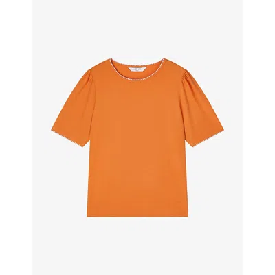 Lk Bennett Womens Ora-burnt Orange Lizzie Embroidered-trim Cotton-jersey T-shirt