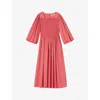 LK BENNETT CALISTER PUFF-SLEEVE SMOCKED COTTON MIDI DRESS