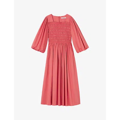 LK BENNETT CALISTER PUFF-SLEEVE SMOCKED COTTON MIDI DRESS