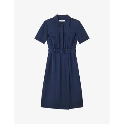 Lk Bennett Womens Blu-midnight Luna Patch-pocket Belted Woven Midi Dress