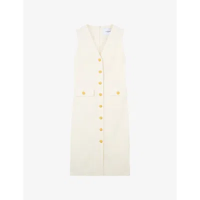 LK BENNETT WOMENS CRE-CREAM VITA V-NECK BUTTON-DOWN TWEED MIDI DRESS