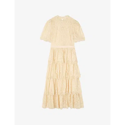 Lk Bennett Womens Gol-champagne Cecily Lace-embroidered Short-sleeve Cotton-blend Midi Dress