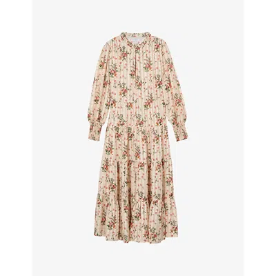 Lk Bennett Womens Mul-cream Flora Floral-print Long-sleeve Silk-blend Midi Dress