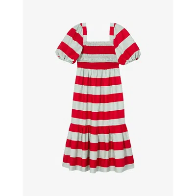 LK BENNETT WOMENS MUL-MULTI RUBY PUFF-SLEEVE STRIPED COTTON MIDI DRESS