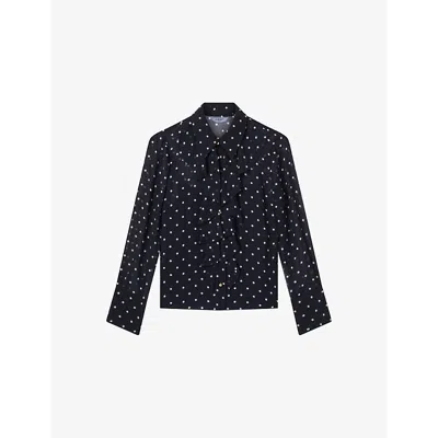 Lk Bennett Womens  Hester Spot-print Ruffle-trim Woven Blouse In Mul-navy/ivory