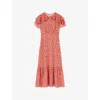 Lk Bennett Womens Mul-pink Billie Blossom-print Ruffle-trim Silk-blend Midi Dress In Mul-pink