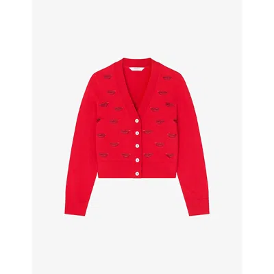 LK BENNETT WOMENS TALLIS LIPS-EMBROIDERED COTTON AND WOOL-BLEND CARDIGAN MUL-RED