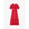 Lk Bennett Womens Red-aurora Red Tilly Floral-print Puff-sleeve Silk Midi Dress In Red-aurora Red