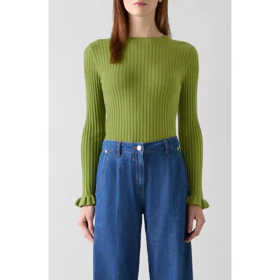 Lk Bennett Yara Ruffle Cuff Rib Crewneck Sweater In Green