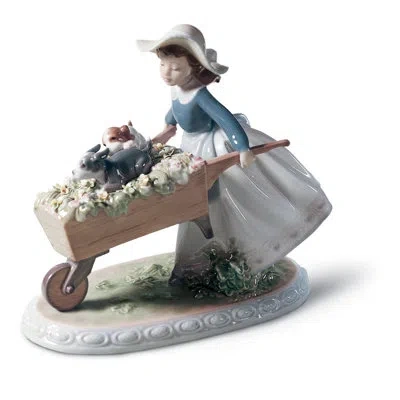 Lladrò A Barrow Of Fun Girl Figurine In Blue,brown,white