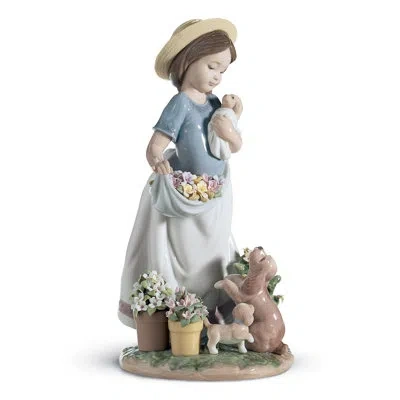 Lladrò A Romp In The Garden Girl Figurine In Blue,brown,white