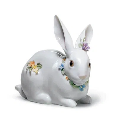 Lladrò Attentive Bunny With Flowers Figurine In White