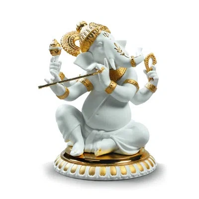 Lladrò Bansuri Ganesha Figurine In Gold,white