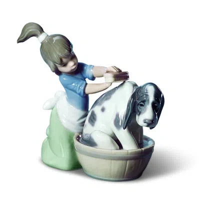 Lladrò Bashful Bather Dog Figurine In Blue,brown,white