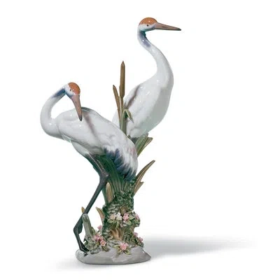 Lladrò Courting Cranes Figurine In White,green