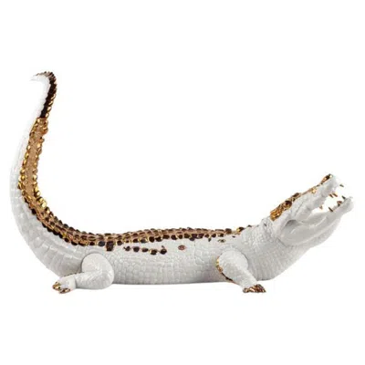 Pre-owned Lladrò Lladró Crocodile Figurine, Glazed White And Copper