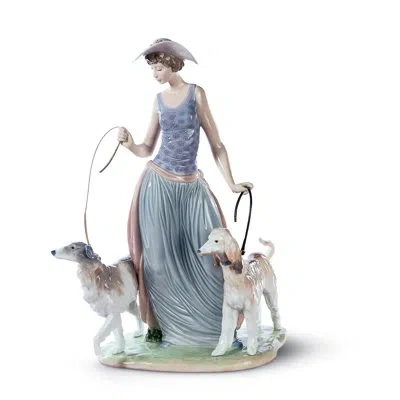 Lladrò Elegant Promenade Woman Figurine In Blue,pink,bedge