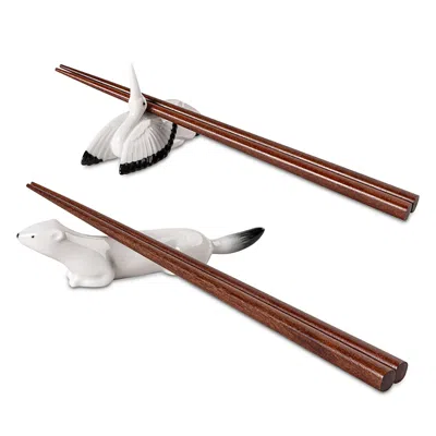 Lladrò Ermine And Crane Chopsticks Holders With Wooden Chopsticks In Multi