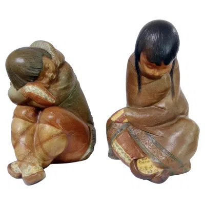 Pre-owned Lladrò Eskimo Boy And Eskimo Girl By Lladro, Design Juan Herta, Set Of 2, Spain 1970s In Brown