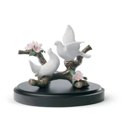 Lladrò Florida Station Doves On A Cherry Tree Figurine In White,brown