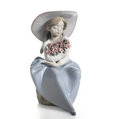 Lladrò Fragrant Bouquet Girl Figurine In Blue,white,pink