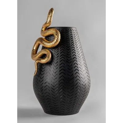 Lladrò Handmade Porcelain Table Vase In Black,gold