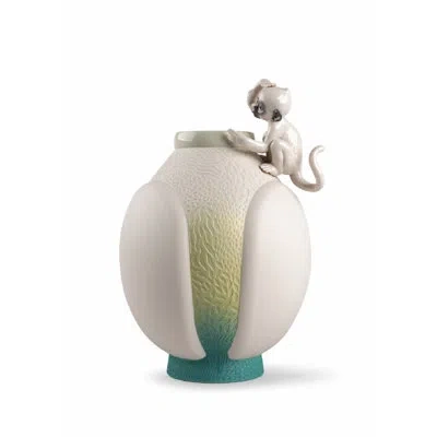 Lladrò Handmade Porcelain Table Vase In Green,white,yellow