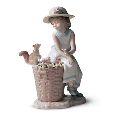 Lladrò Hello Little Squirrel! Girl Figurine In White,brown